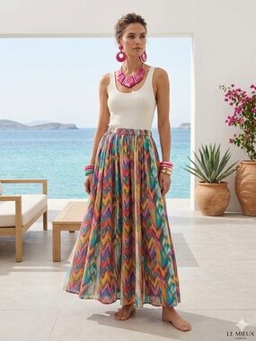 Le Mieux Studio Vintage Cotton Maxi Skirt Multicolor Chevron Ikat Festival
